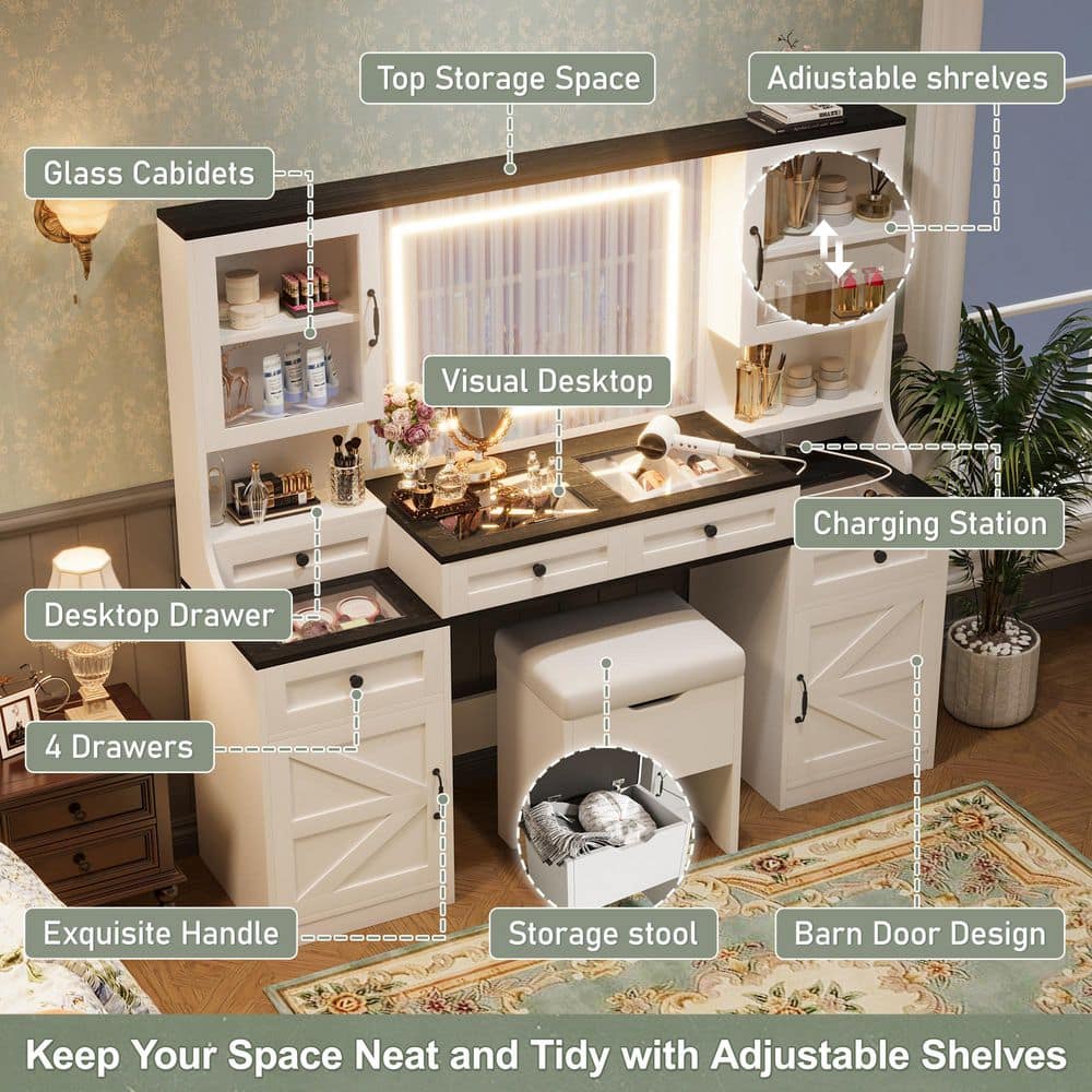 2-Piece White Makeup Vanity Set with Mirror, LED Lights, Drawers, Glass Visual Desktop and Cushion Stool - thumbnail 8
