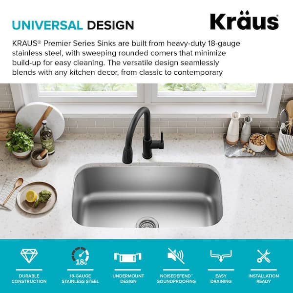 Premier Undermount Stainless Steel 31 in. Single Bowl Kitchen Sink Premier Undermount Stainless Steel 31 in. Single Bowl Kitchen Sink