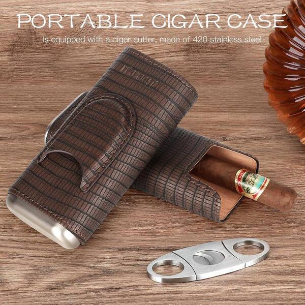 LUBINSKI-Brown Leather Cigar Case Holder, Cedar Wood Cigar Humidor, 3 Stick Cigars With Cutter Gift, CE-008, 2022 - 15 - View #5