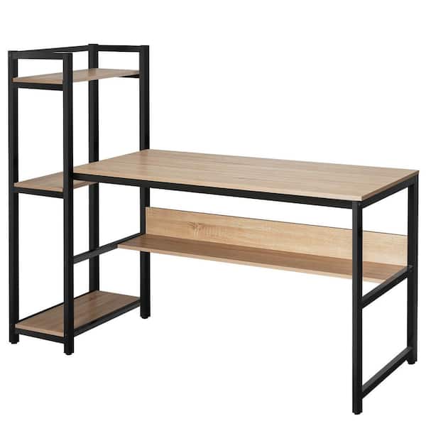 Costway 59 in. L-Shape Beige Wood Computer Desk with 4-Tier Storage Shelves