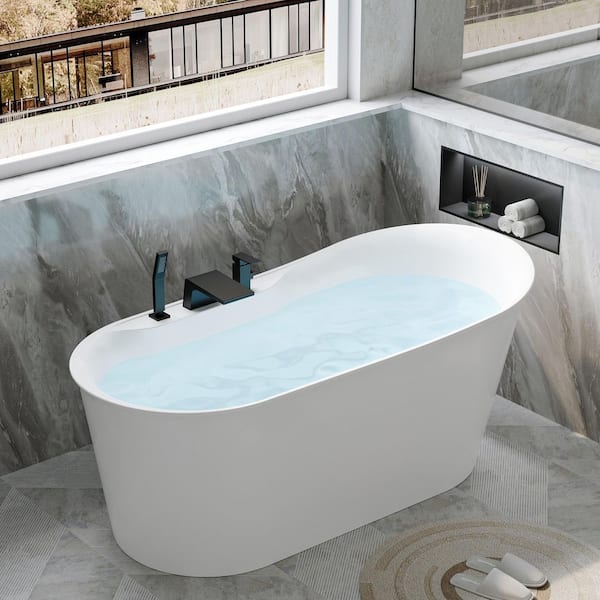 66 in. x 31 in. Acrylic Freestand Soaking Bathtub with Drain in Glossy White