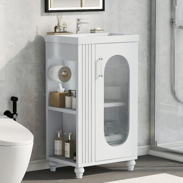 Ziyudura 20 in. Single Sink Freestanding White Bath Vanity with White Ceramic Top, Toilet Paper Holder, Adjustable Shelf