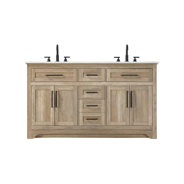 60 in. Double Sink Freestanding Natural Oak Bath Vanity with Marble White Engineered Marble Top
