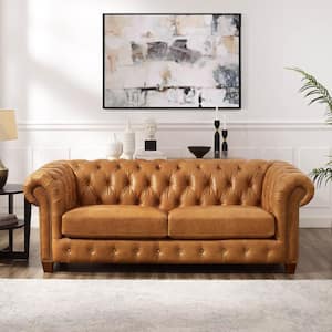 Kingston 88.5 in. Rolled Arm Top Grain Leather Rectangle 3-Seater Sofa in. Saddle