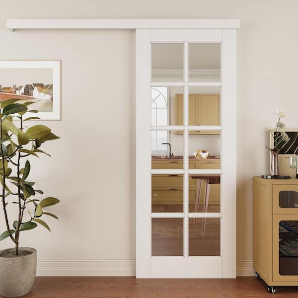 ARK DESIGN 32 in. x 80 in. Hidden Track Style 10-Lite Clear Glass White Primed MDF Sliding Barn Door with Hardware Kit