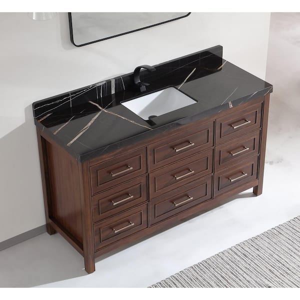 Luxury Ebony Series 60 in. 1 Freestanding Dark Brown Finish Bath Vanity with 2 in. Black Natural Marble Top Assembled