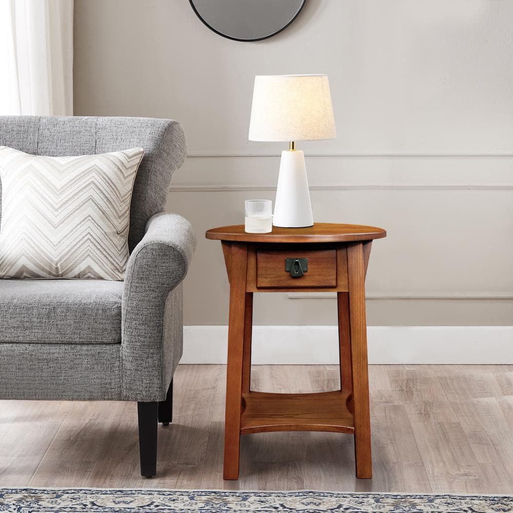 Russet Solid Wood Round End Table with Drawer and Shelf