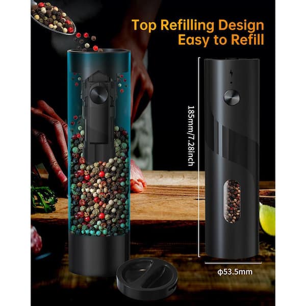 Rechargeable Electric Salt & Pepper Grinder Set - Automatic One-Handed Operation, LED Light, Adjustable Coarse - 2 Pack Black Stainless Steel