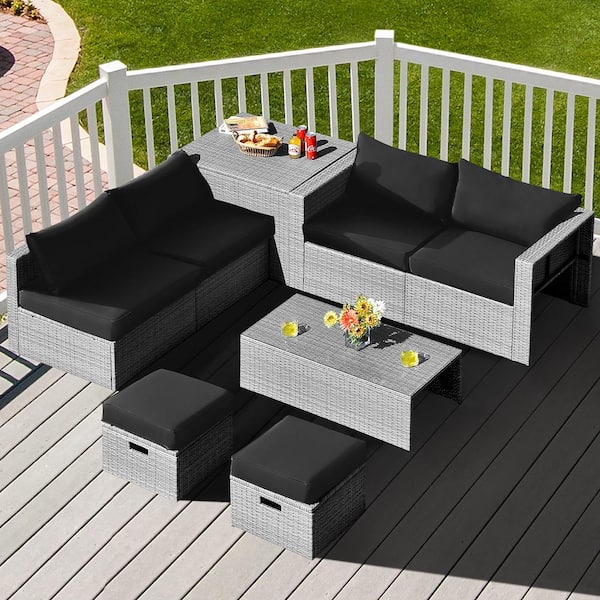 8-Piece Wicker Patio Conversation Set with Black Cushion