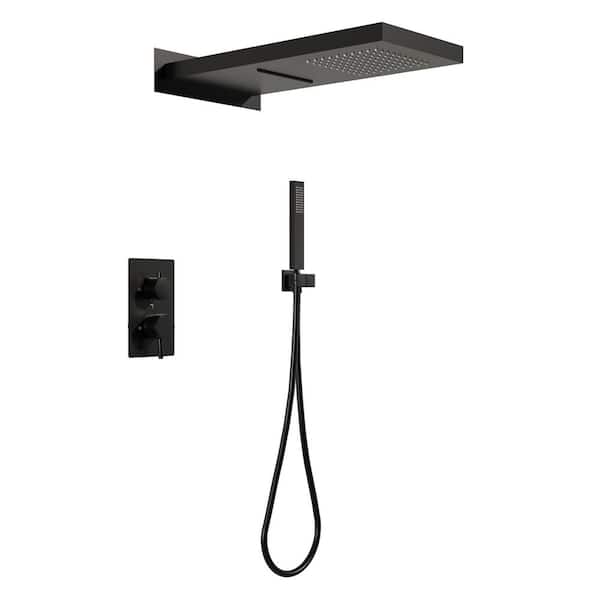 Doule Handle 3-Spray Shower Faucet 2.5 GPM with Rainfall and Waterfall Shower Head, Pressure Balance in Matte Black