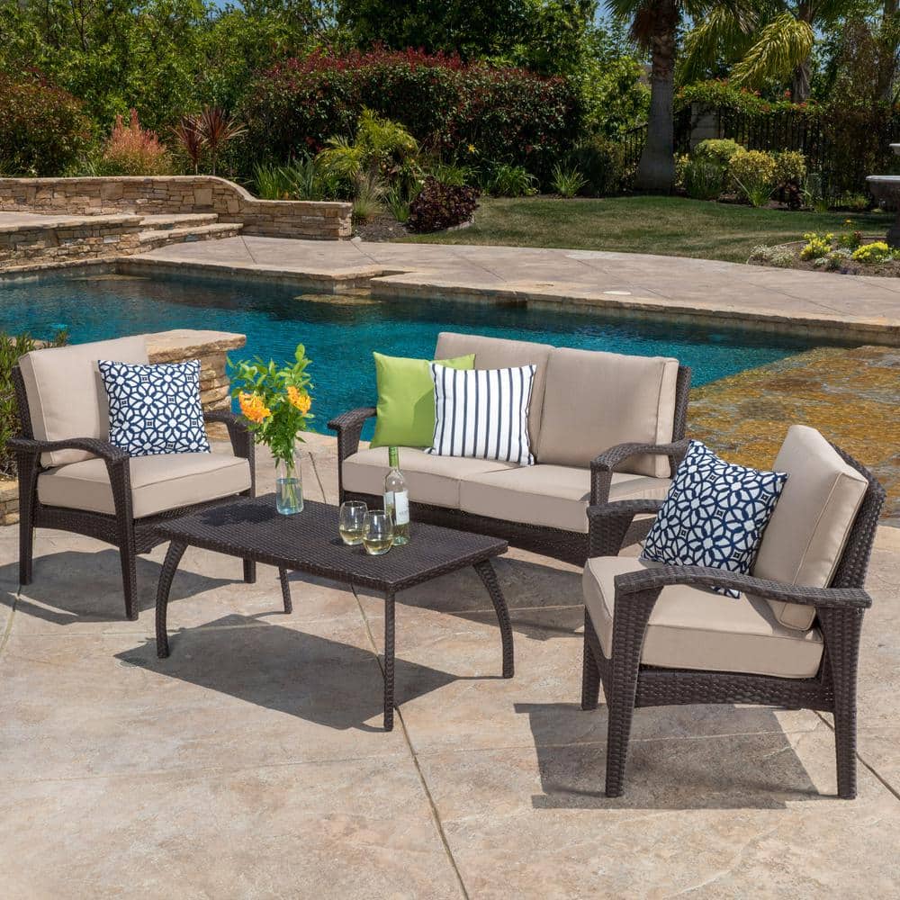 4-Piece Brown Wicker Patio Conversation Set with Beige Cushions price history on PriceWatchPro