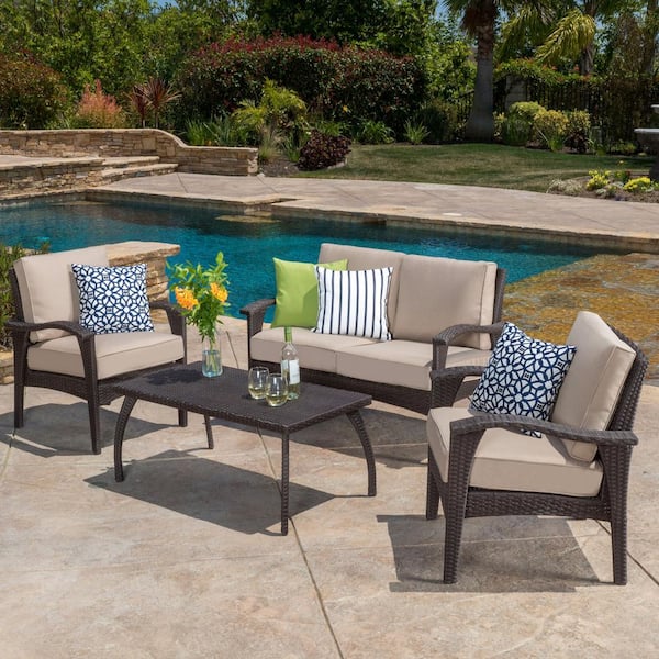 Tenleaf 4-Piece Brown Wicker Patio Conversation Set with Beige Cushions