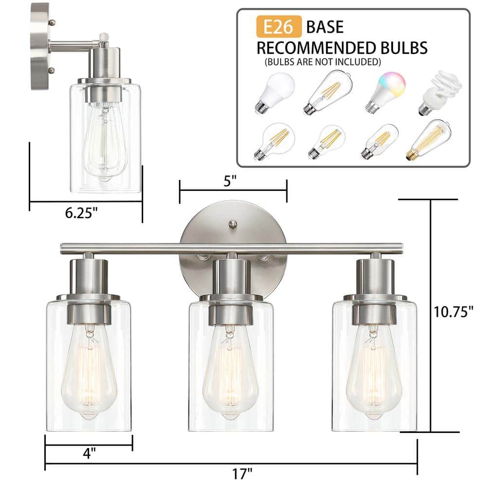 Brushed Nickel 3-Light Modern Bathroom Vanity Light with Clear Glass Shades