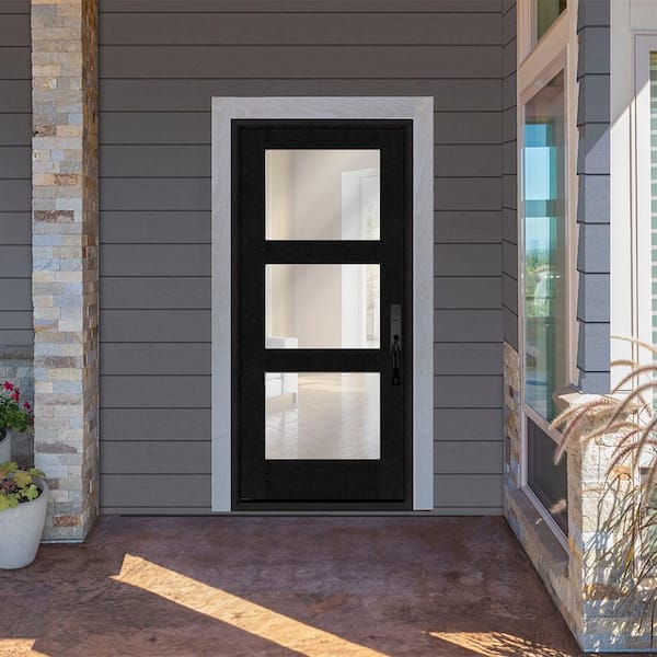 Regency 32 in. x 80 in. Universal Handing Modern 3-Lite Equal Clear Glass Onyx Stain Mahogany Fiberglass Front Door Slab