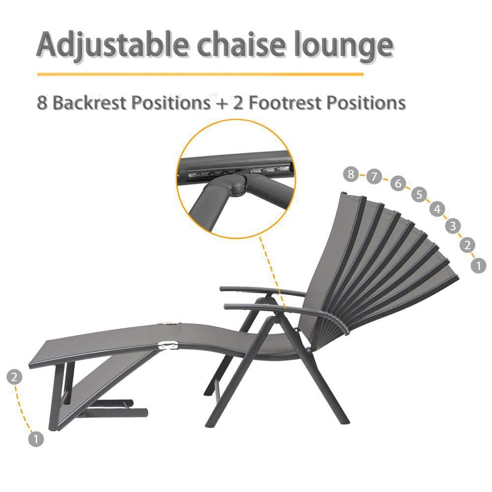 Gray Aluminum 2-Person Adjustable Outdoor Chaise Lounge Set with Table