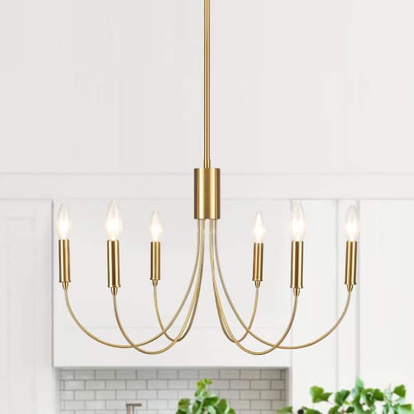 6-Light Brass Candlestick Hanging Linear Chandelier Lighting for Dining Room Kitchen Island with No Bulbs Included
