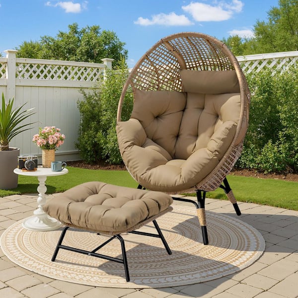 Wicker Indoor Outdoor Egg Lounge Chair with Ottoman, Deep Seat and Brown Cushions, Oversized Cozy Patio Chair for Porch