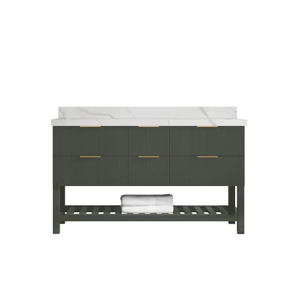 Willow Collections Catalina 60 in. Double Sink Freestanding Pewter Green Bath Vanity with Calacatta Laza Qt. Top Unassembled