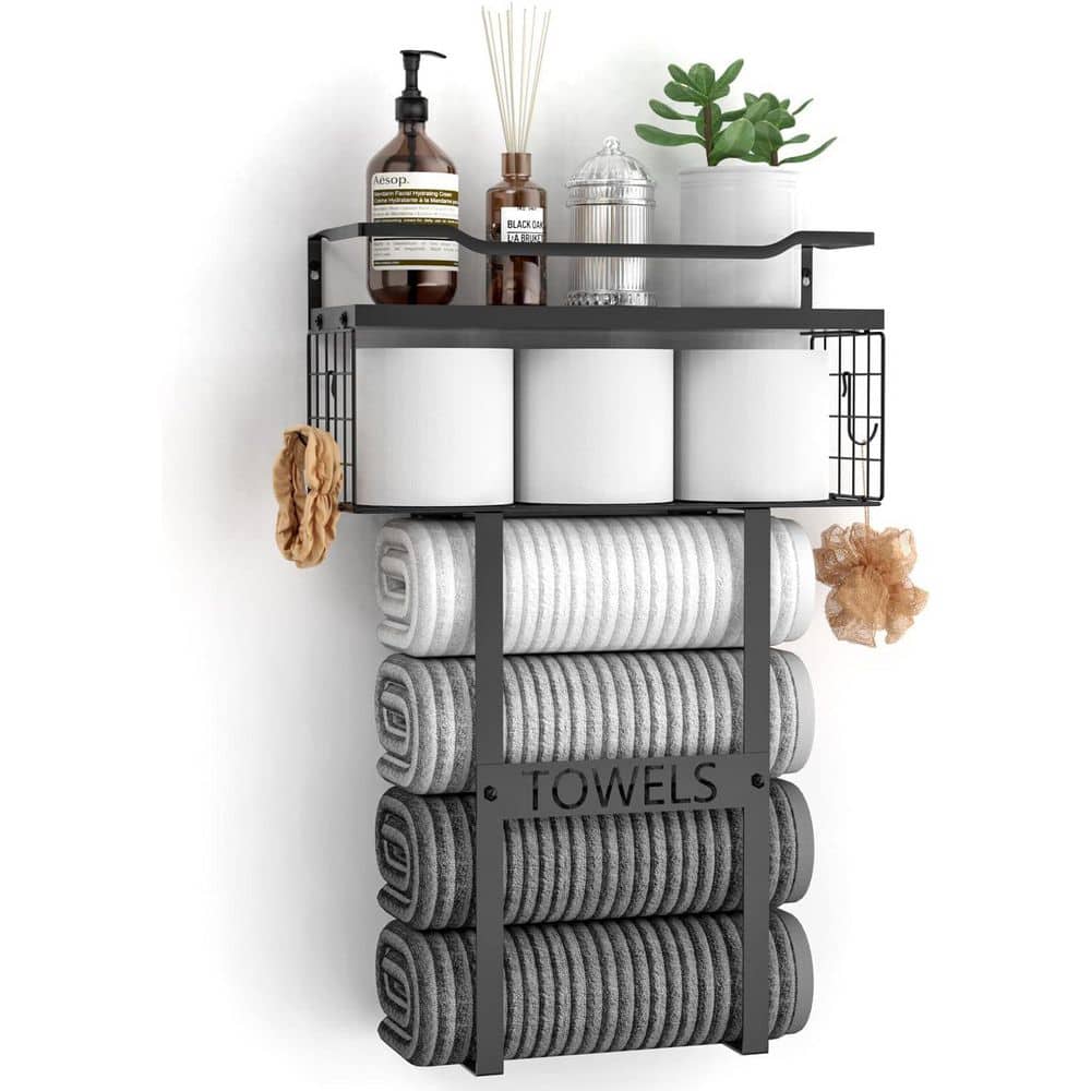 Towel Holder Set Bath Storage Rack in Black Wall Mounted Vertical Organizer Shelf for Bathroom Spa Decor price history on PriceWatchPro