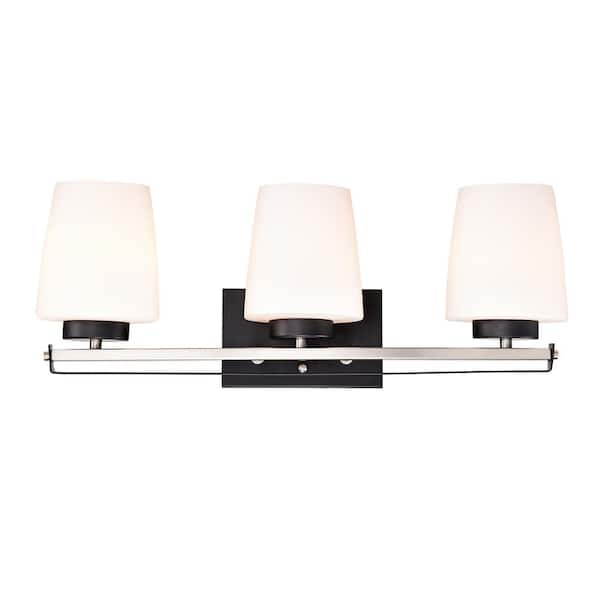 Edvivi Aliana 22.5 in. 3-Light Black and Brushed Nickel Modern Vanity Light with Etched White Glass Shades