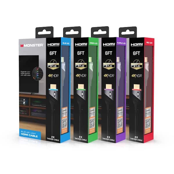 Monster 6 ft. LED Color Light HDMI Cable, Blue Green Red and Purple (4-Pack)