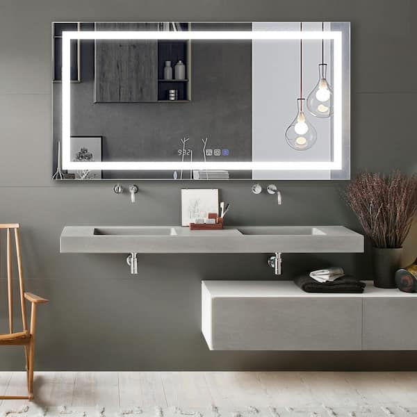 HBEZON 72 in. W x 38 in. H Large Rectangular Frameless LED Light with Stepless dimming wall Bathroom Vanity Mirror in silver
