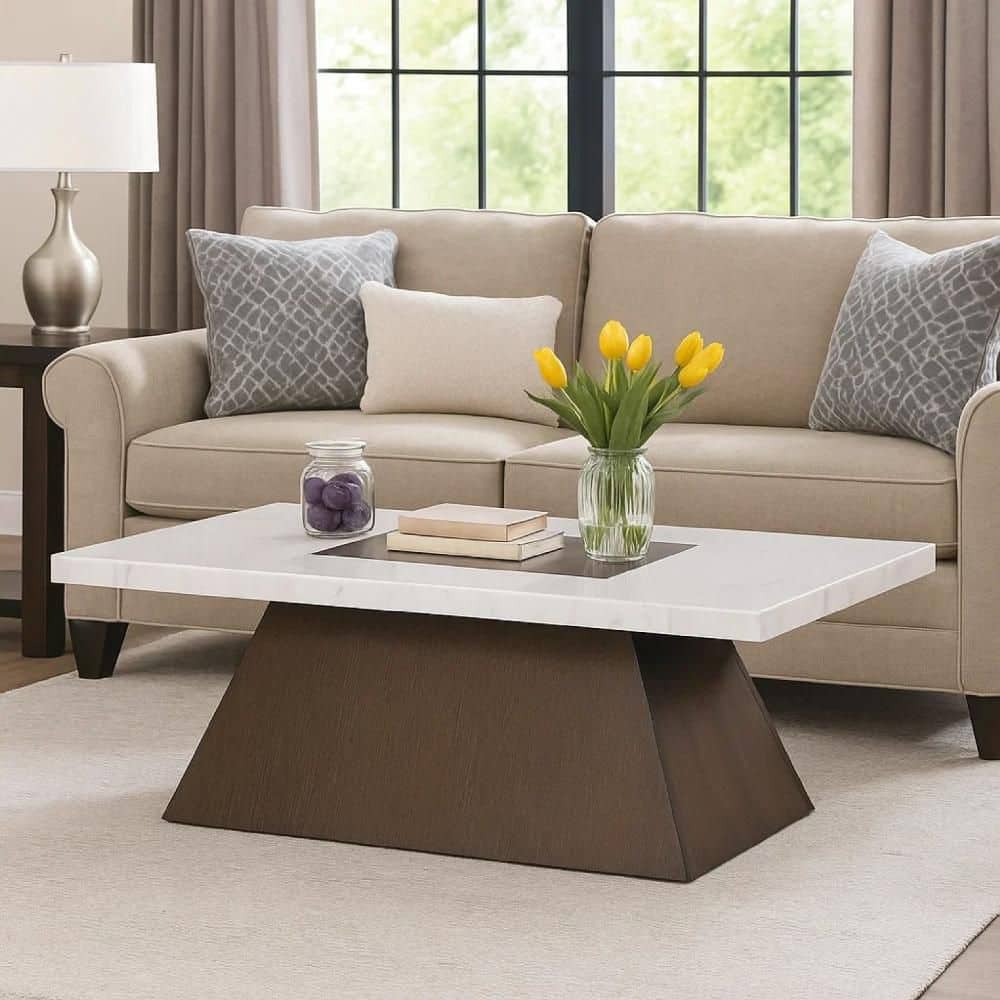 Benjara Asten 26 in. Walnut Brown and White Rectangle Marble Top Coffee ...