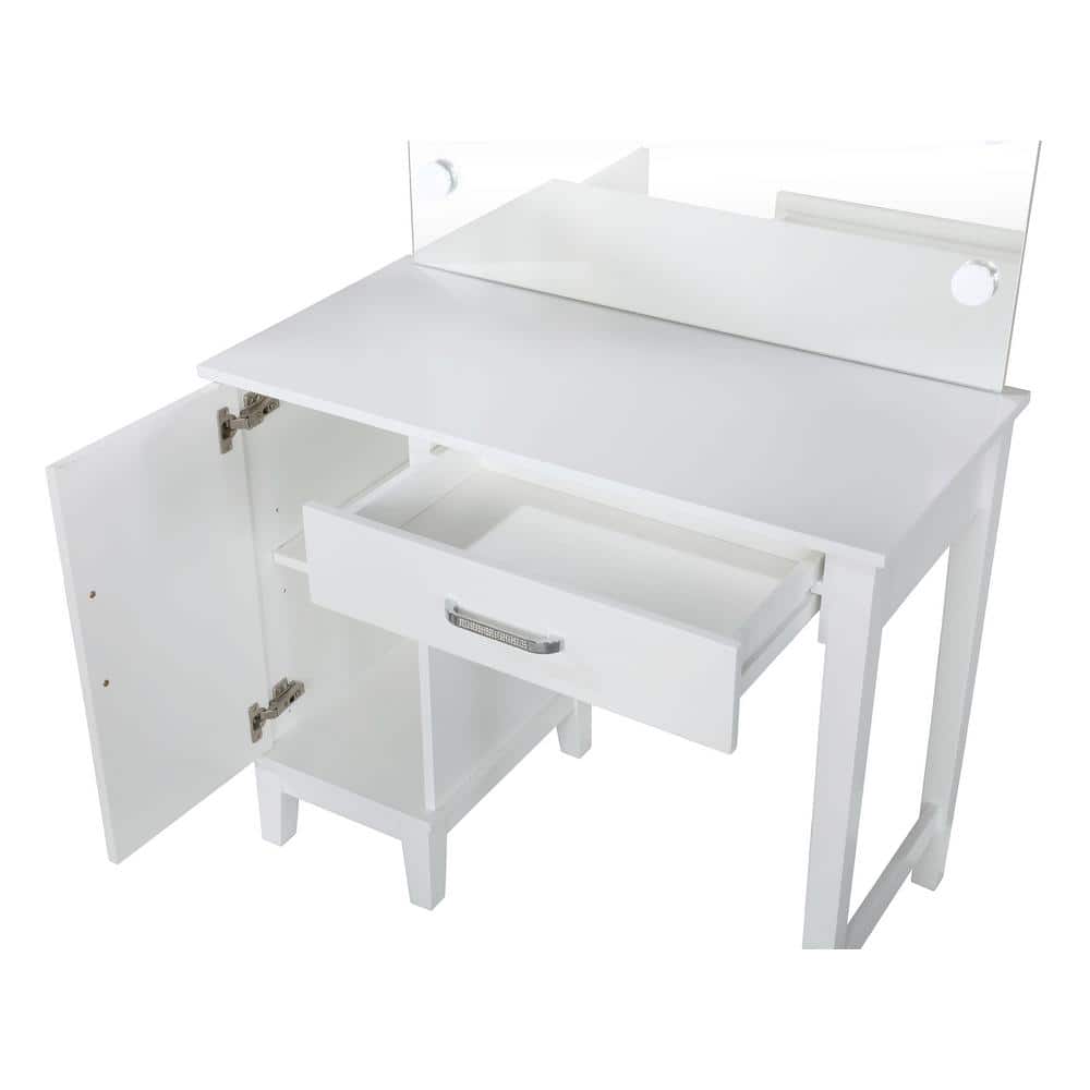 White and Dark Gray Vanity Set with LED Lights and Bench