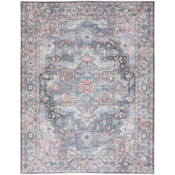 57 Grand Machine Washable Light Blue Multi 9 ft. x 12 ft. Floral Traditional Area Rug