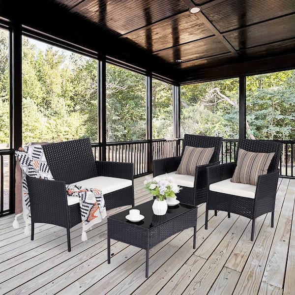 4-Piece Black Wicker Patio Conversation Set with Beige Cushion and Tempered Glass Table for Yard