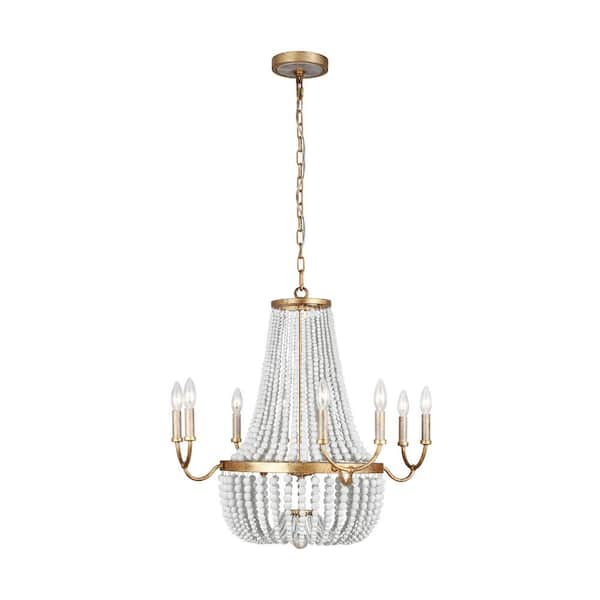 Generation Lighting Marielle 8-Light Antique Gild Beaded Candlestick Empire Hanging Chandelier with Wood Beads and Gold Leaf Accents
