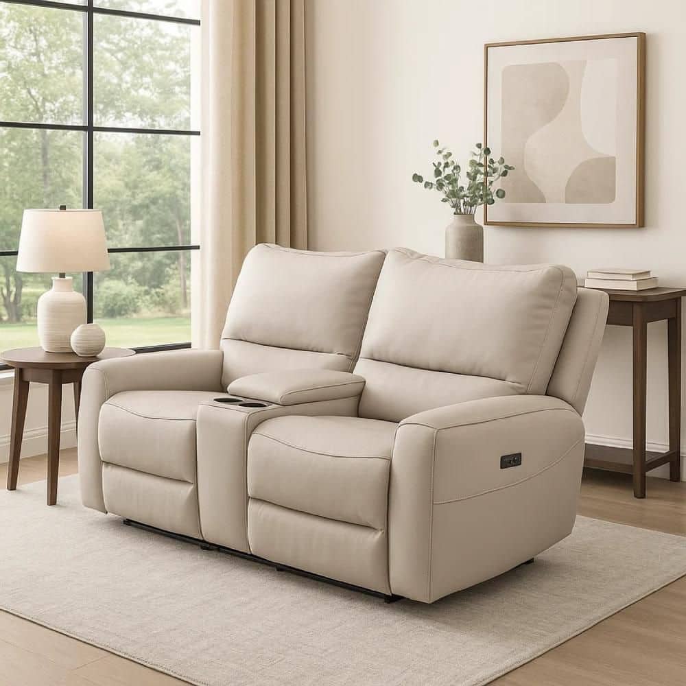 Pono 74 in. Solid Print Leather 2-Seater Power Reclining Loveseat in Beige