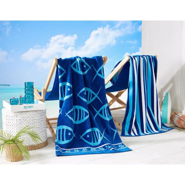 FRESHFOLDS Navy/Royal Blue Fish and Stripe 2-Pack 100% Cotton Printed Beach Towel