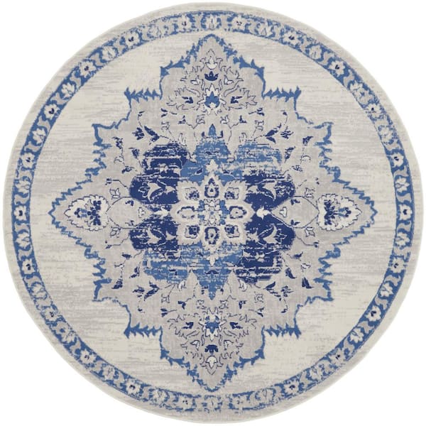 Whimsical Ivory Blue 8 ft. x 8 ft. Center Medallion Traditional Round Rug