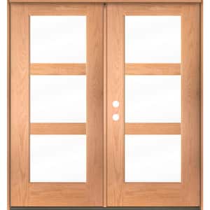 BRIGHTON Modern 72 in. x 80 in. 3-Lite Right-Active/Inswing Clear Glass Teak Stain Double Fiberglass Prehung Front Door