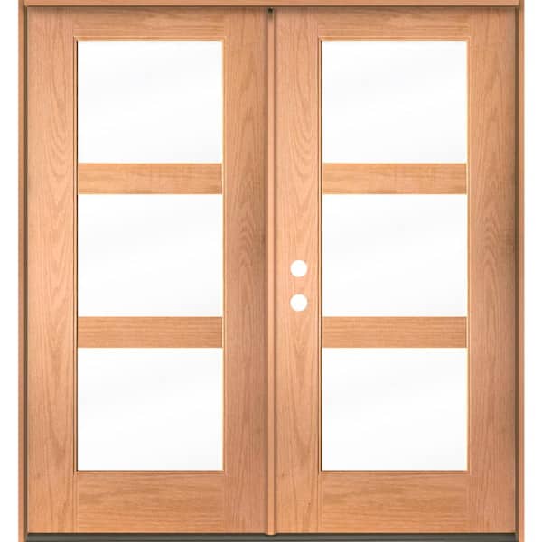 Krosswood Doors BRIGHTON Modern 72 in. x 80 in. 3-Lite Right-Active/Inswing Clear Glass Teak Stain Double Fiberglass Prehung Front Door
