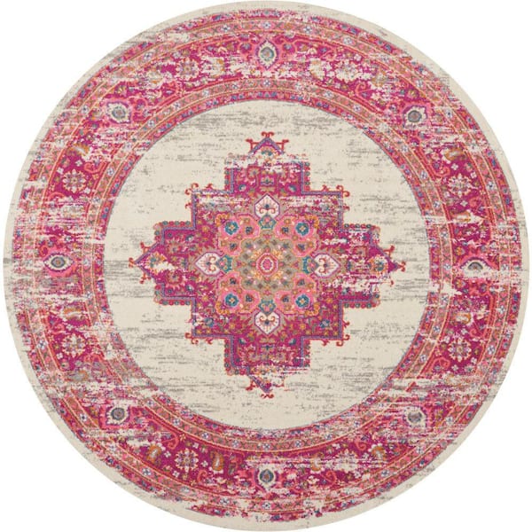 Nourison Passion Ivory/Fuchsia 8 ft. x 8 ft. Bordered Transitional Round Rug