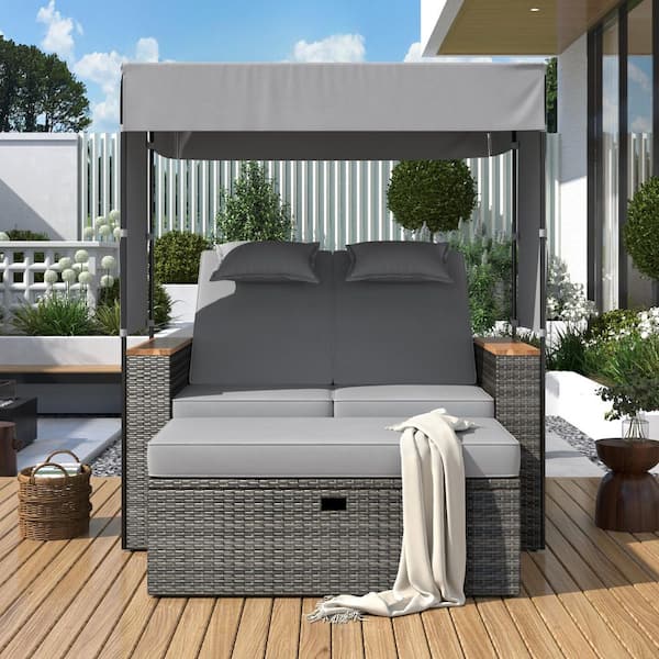 Unbranded 2-Piece Gray Wicker Rattan Outdoor Patio Day Bed, with Grey Cushions, 5 Positions Backrest and Bench Lounge Roof Set