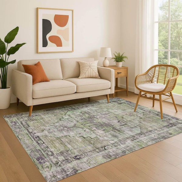 Mayfield Premium Machine Washable Abstract AMF1729 Aloe 5 ft. x 7 ft. 6 in. Area Rug
