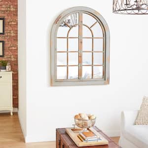 48 in. x 37 in. Window Pane Inspired Arched Framed Gray Wall Mirror with Arched Top and Distressing