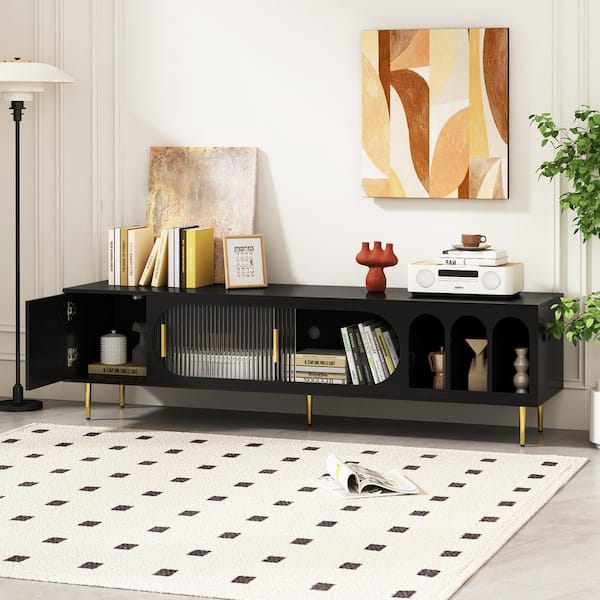 Harper & Bright Designs Modern Black TV Stand Fits TVs up to 70 in. with Semi-open Arched Shelves and Cabinets