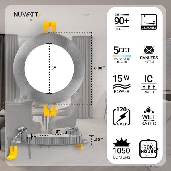 6 in. LED Brush Nickel Round Ultra Slim Canless Integrated LED Recessed Light Kit 5 CCT 2700K - 5000K Dimmable (6-Pack)