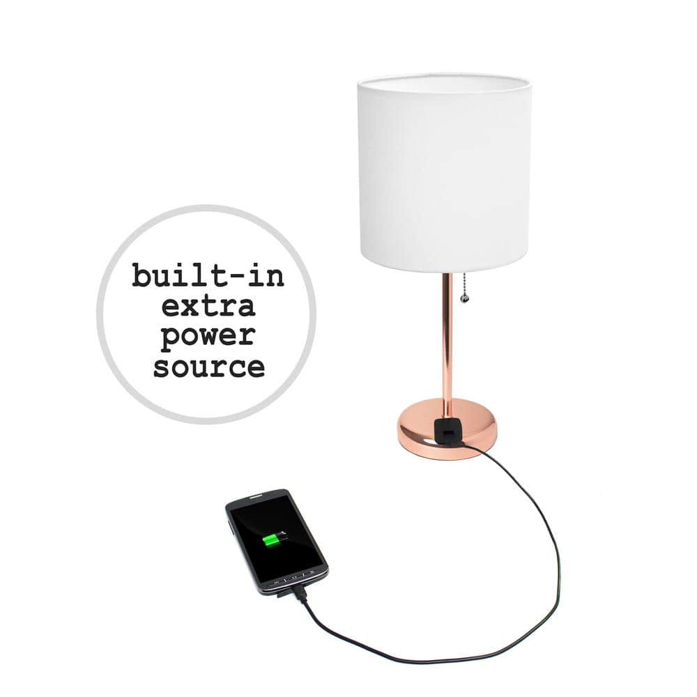 Rose Gold and White Stick Nightstand Lamp Set with Fabric Shade
