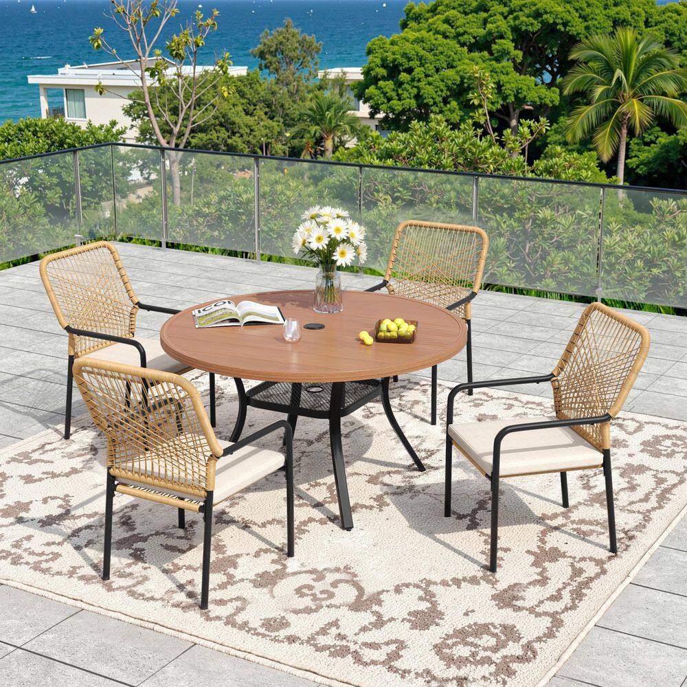 5-Piece Metal Outdoor Dining Set with 40.6 in. Walnut Round Table and 4 Woven Rattan Chairs with Beige Cushions price history on PriceWatchPro