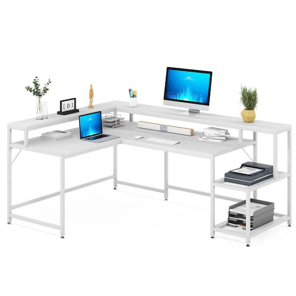 TRIBESIGNS WAY TO ORIGIN Perry 69.09 in. L-Shaped White Reversible Large Corner Computer Writing Desk Monitor Stand Storage Shelf Home Office