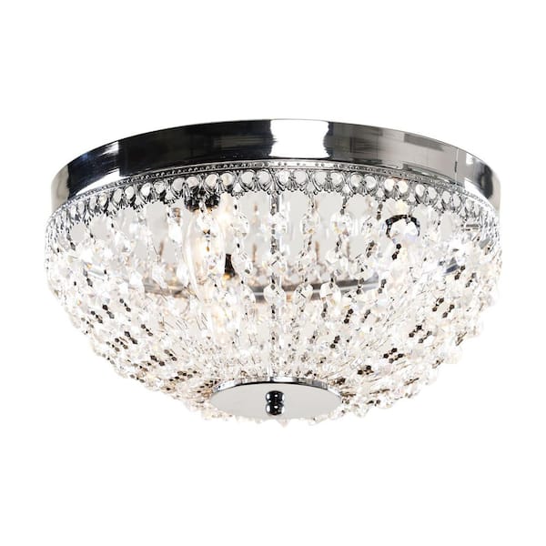 Parrot Uncle 13.75 in. 3-Light Chrome Glam Flush Mount with Crystal Shade
