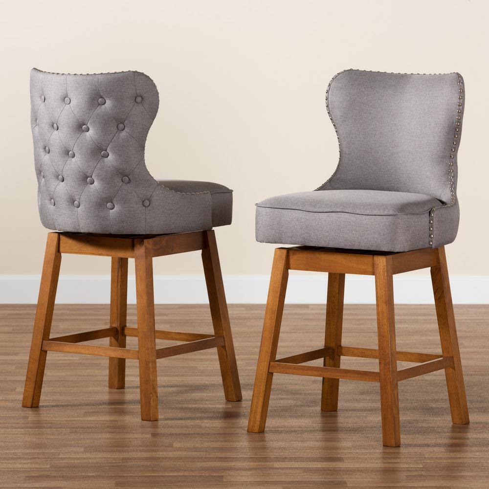 Modern Swivel Counter Stool Set in Gray Fabric and Walnut Wood