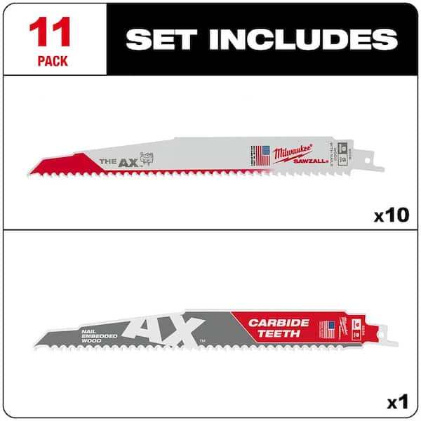 9 in. 5 TPI AX Nail-Embedded Wood Cutting SAWZALL Reciprocating Saw Blades with Carbide Ax Blade (11-Pack)