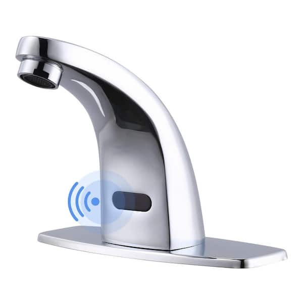 WOWOW Battery-Powered Commercial Touchless Single Hole Bathroom Faucet with Deck Plate in Polished Chrome