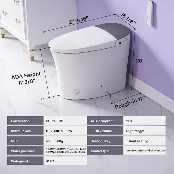 WELLFOR ARLO ADA Elongated LED Smart Bidet Toilet with Auto Open/Close/Flush